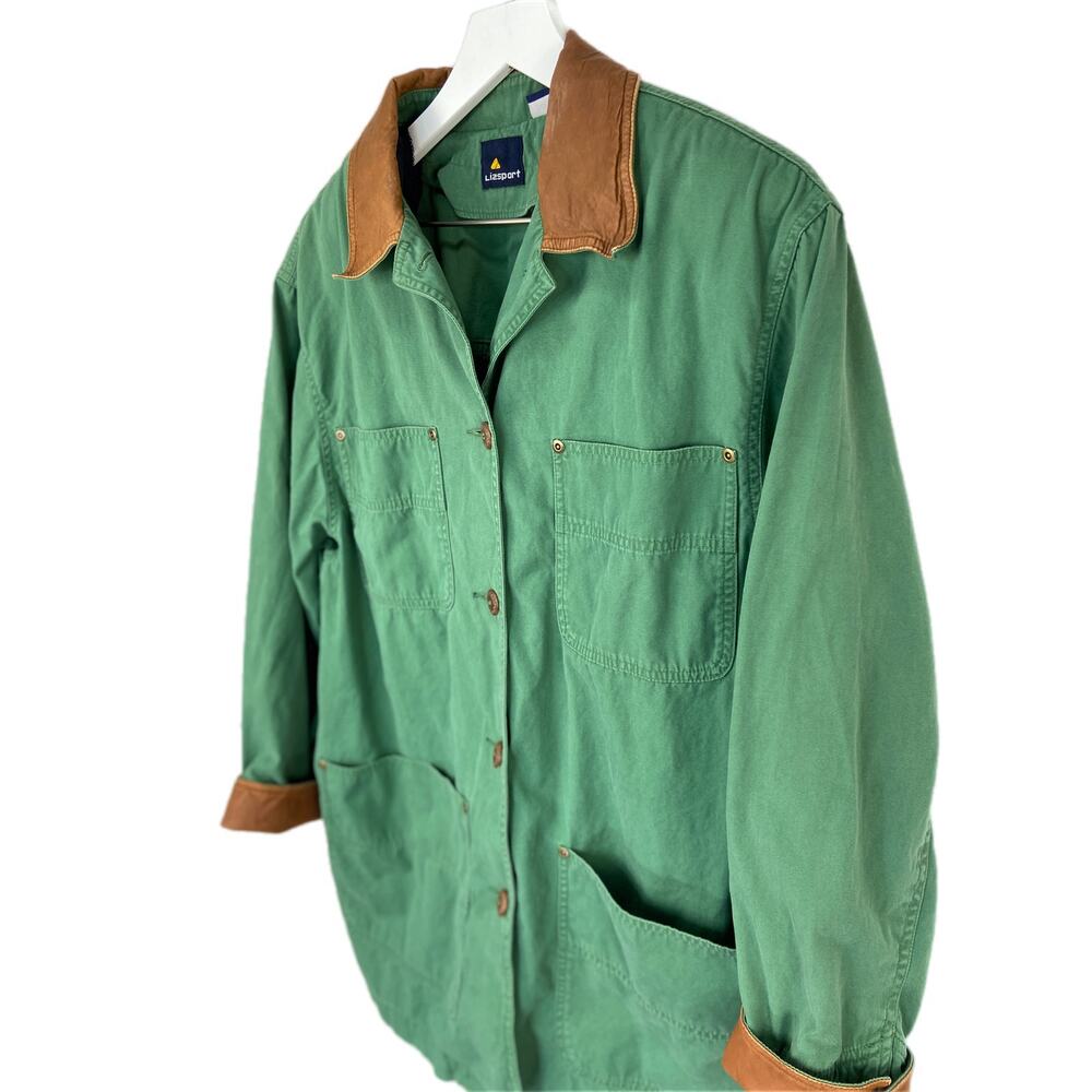 Vintage Oversized Green Long Lightweight Faux Leather Trim Coat - Women's Size M - Picture 2 of 6